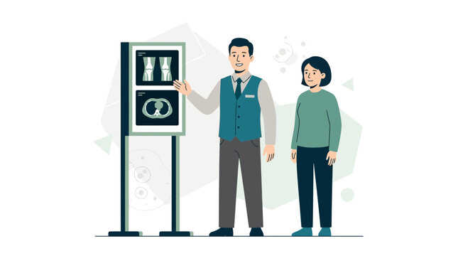 Doctor explaining medical scan results on lightbox to patient, vector illustration of healthcare, diagnosis, and consultation