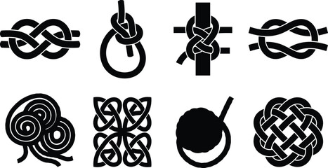 Collection of assorted black silhouette icons featuring various rope knots, nautical loops, and complex Celtic knotwork patterns © MdSaiful