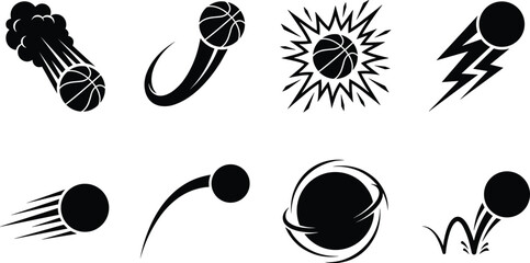 Set of basketball and moving ball silhouettes with speed motion lines trail fire explosion effects isolated on white background © MstRehna