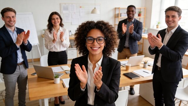 Office workers applauding in meeting