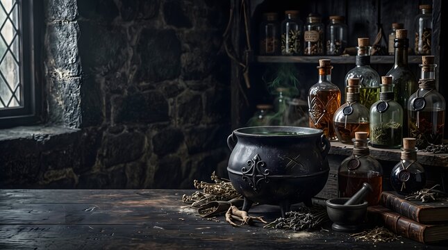 Mysterious alchemy laboratory with a bubbling cauldron and shelves of old bottles, ancient magic and potion making halloween concept, texture background, copy space