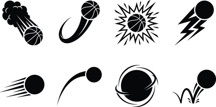 Set of basketball and moving ball silhouettes with speed motion lines trail fire explosion effects isolated on white background