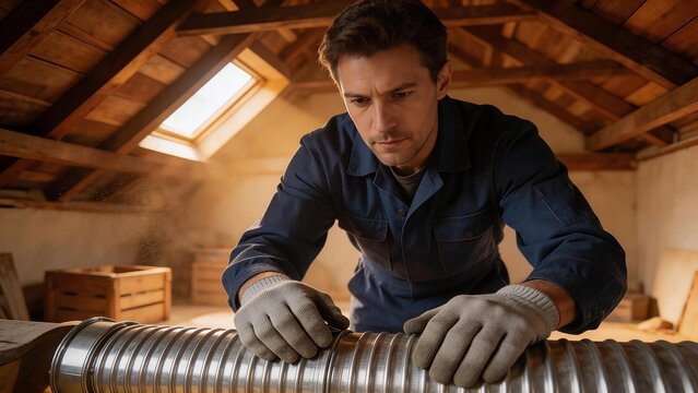 Man working with duct in attic