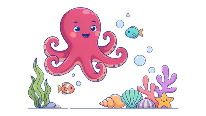 Colorful cartoon octopus swimming with sea creatures in underwater scene © FARUK