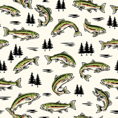 Obraz premium Vintage trout fish seamless pattern, retro jumping salmon and pine tree forest background, rustic outdoors fishing vector illustration
