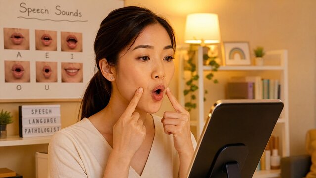 Professional Asian Female Speech Language Pathologist Practicing Articulation Exercises