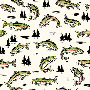 Vintage trout fish seamless pattern, retro jumping salmon and pine tree forest background, rustic outdoors fishing vector illustration