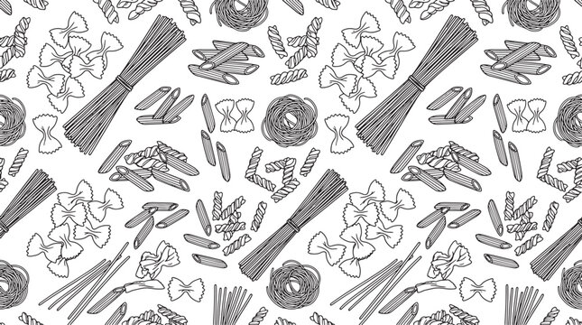Hand drawn pasta pattern with spaghetti farfalle and penne noodles in a black and white sketch style