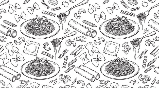 Hand drawn pasta pattern with spaghetti plates and various noodle shapes in a black and white sketch