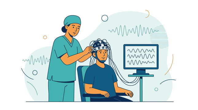 Doctor performs EEG test on patient, measuring brain activity with sensors and monitoring waveforms on a computer screen.