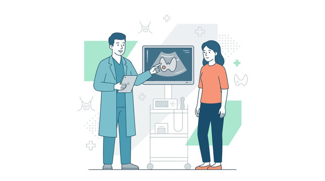 Doctor Explains Thyroid Nodule Ultrasound Results to Patient with Clean Flat Design Illustration