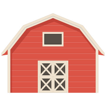 Red farmhouse icon vector, rural barn with white door, countryside architecture element, agriculture farm building sign