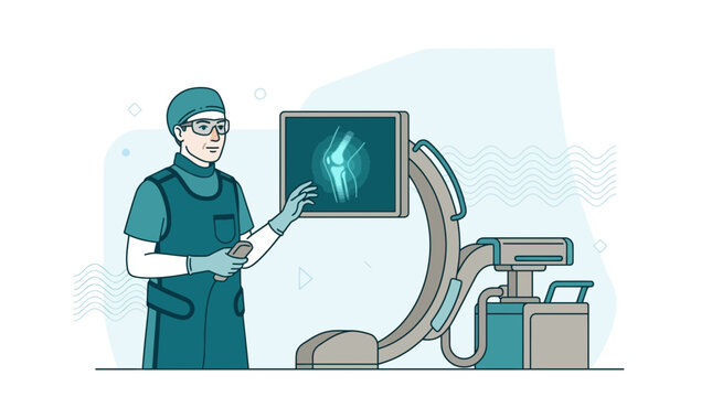 Doctor using fluoroscopy machine to examine knee X-ray image, medical technology illustration