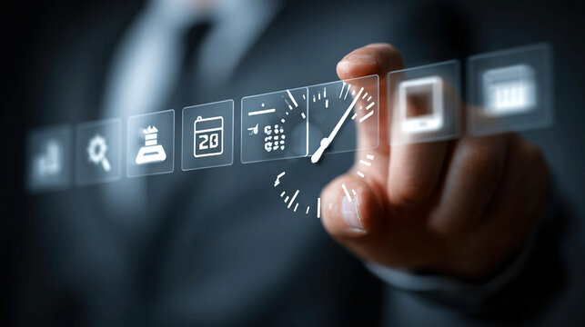 Digital time management concept with virtual clock interface productivity icons deadline tracking smart scheduling workflow automation and efficiency optimization for modern business operations