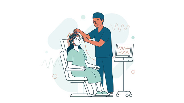 Doctor performing EEG test on patient, showing brain activity monitoring and medical diagnosis.