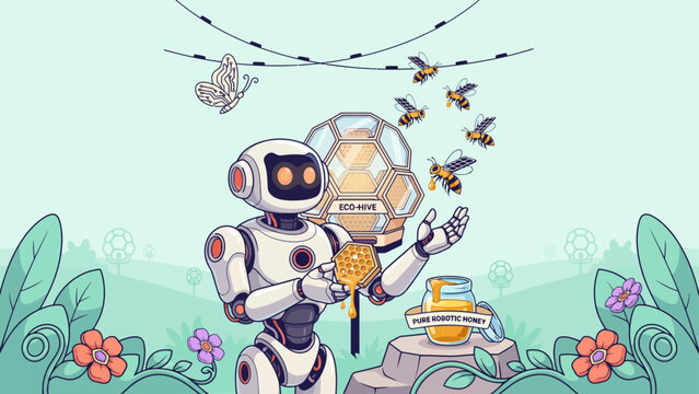 Robot holding honeycomb with bees flying around bee black accents colorful illustration