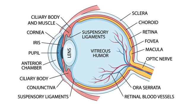 Detailed Human Eye Anatomy Diagram with Labels - Medical Illustration