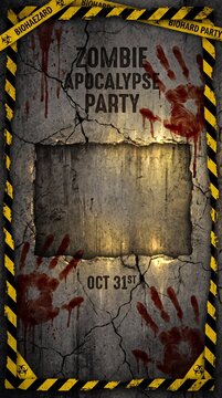 Halloween Zombie Apocalypse Party Poster Template with Bloody Handprints and Biohazard Caution Tape on Grunge Cracked Wall Background