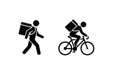 Obraz premium Black silhouette icons of delivery person walking and riding bicycle with backpack