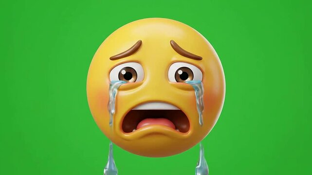 Digital crying emoji with tears on vibrant green background
