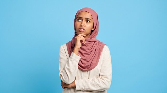 Thoughtful muslim woman wearing hijab looking up in contemplation with thoughtful contemplation thinking headscarf expression decision portrait background pondering