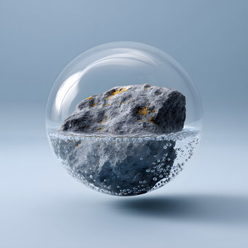 Conceptual 3D render of a natural stone inside a transparent glass orb filled with water and bubbles, set against a minimalist light blue background.