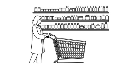 A woman pushing a metal shopping cart while choosing products from shelves in a pharmacy or grocery store in a simple black and white line art style © Pabon Art Gallery