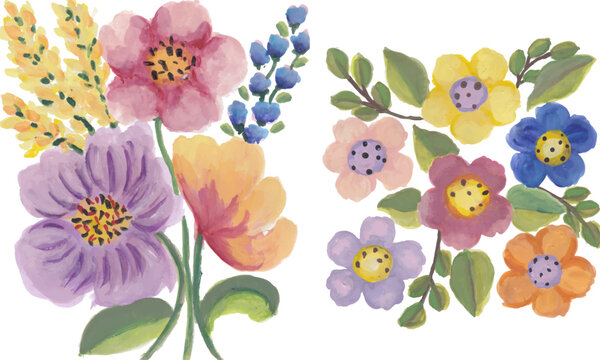 Colorful vibrant floras hand drawn watercolor art