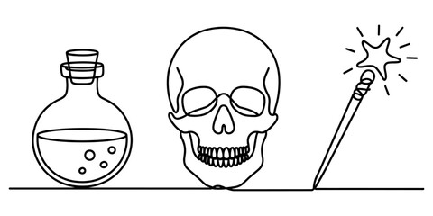 Continuous one line drawing of a magic potion bottle a human skull and a glowing star wand for halloween or fantasy theme design illustration © Pabon Art Gallery