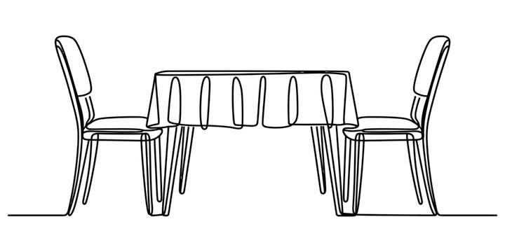 Continuous single line drawing of a dining table with two chairs for a romantic dinner setup in a minimalist black and white artistic style illustration