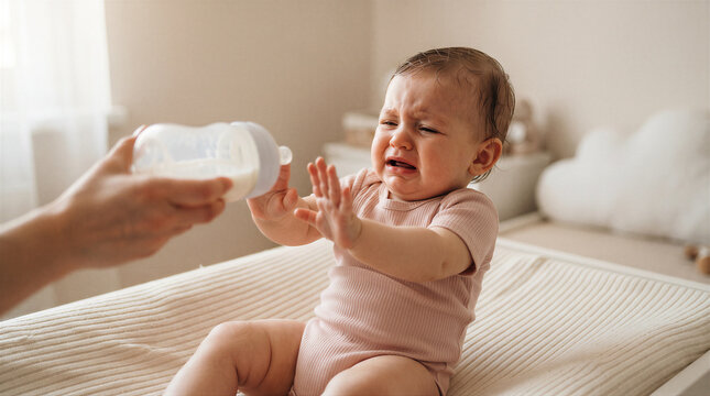 A distressed baby refusing a bottle of milk, sitting on a changing table in a nursery setting