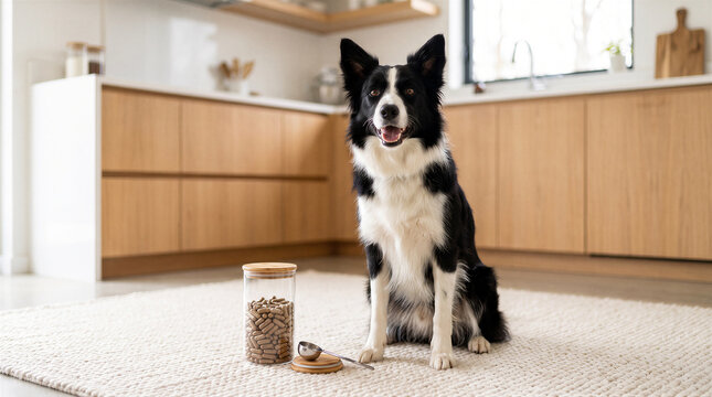 A happy border collie dog sitting on a rug in a modern kitchen next to a glass jar of pet supplements and a measuring scoop