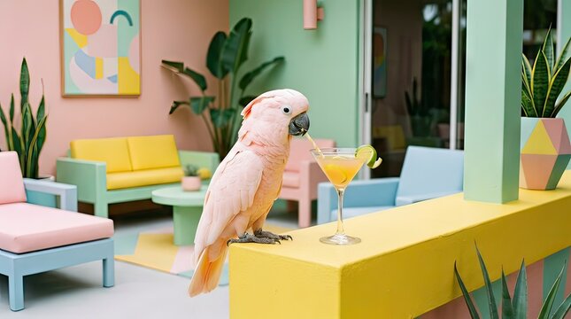 White Cockatoo Perched Beside Tropical Cocktail in Stylish Modern Interior