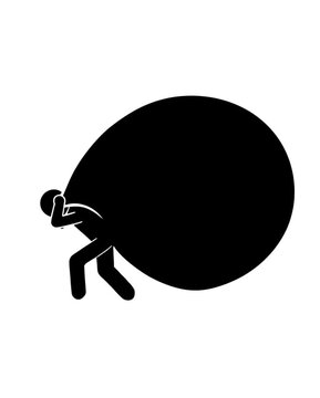 Hombre cargando una bolsa gigante y pesada estilo pictograma