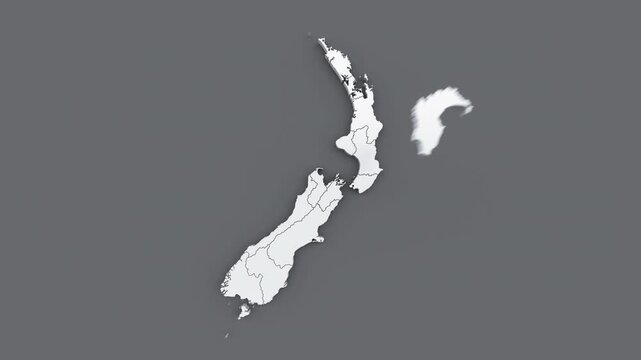 Animated map of New Zealand, white map on gray background.
