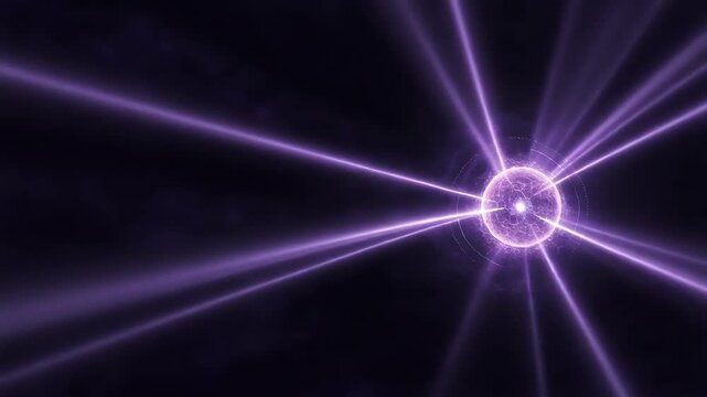 Glowing purple energy sphere emitting light beams in dark space