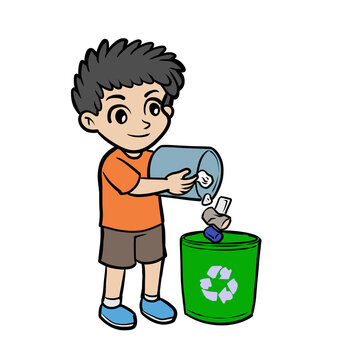 Cartoon little boy emptying trash into recycling bin illustration PNG