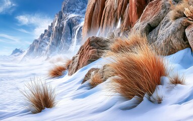 Obraz premium Golden Grasses Emerging Through Snowy Terrain with Majestic Mountain Background in Clear Blue Sky