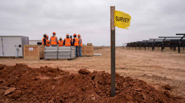 Construction workers standing near a survey marker on a solar farm project site in a rural area with red dirt and heavy equipment