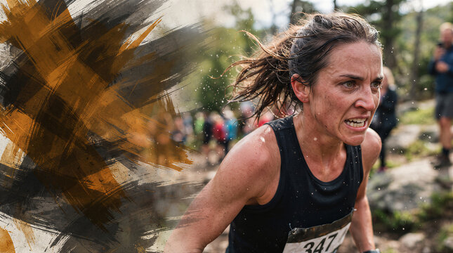 Intense female trail runner pushing through physical exhaustion during a challenging outdoor race with grit and determination