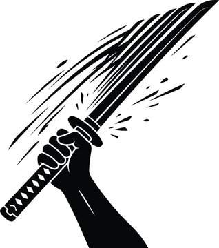 Hand holding katana sword slashing effect action vector illustration