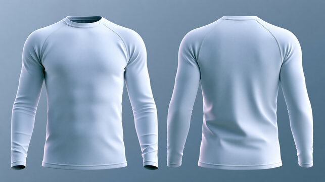 3d render of white long sleeve compression shirt, front and back view, isolated on gray background, athletic sportswear for training and fitness