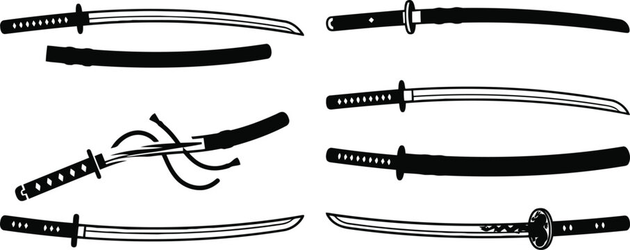 Collection of black samurai swords and katana blades isolated on white background