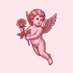 Obraz premium A cute cherub holding a single rose in pink tones