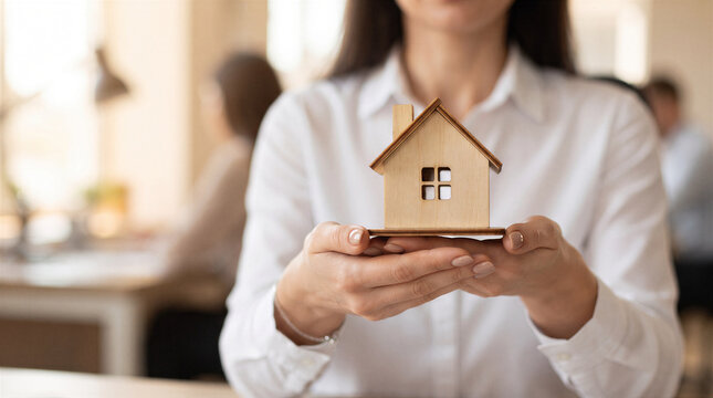 Closeup of a womans hands holding a small wooden house model, representing real estate, property insurance, or home ownership concepts