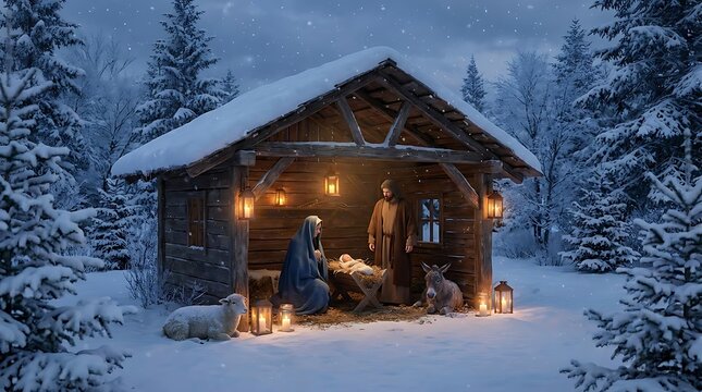 Winter nativity scene stable with animals and figures under evening light