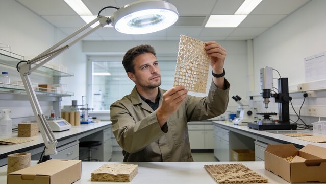 Male scientist examining biodegradable packaging in modern lab. Sustainability researcher analyzing eco-friendly materials for commercial product d...