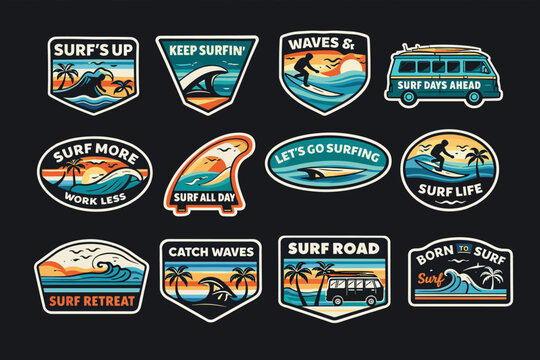 Vintage surfing badge collection, set of 12 retro surf stickers and patches, tropical beach summer adventure emblems with camper vans and ocean waves