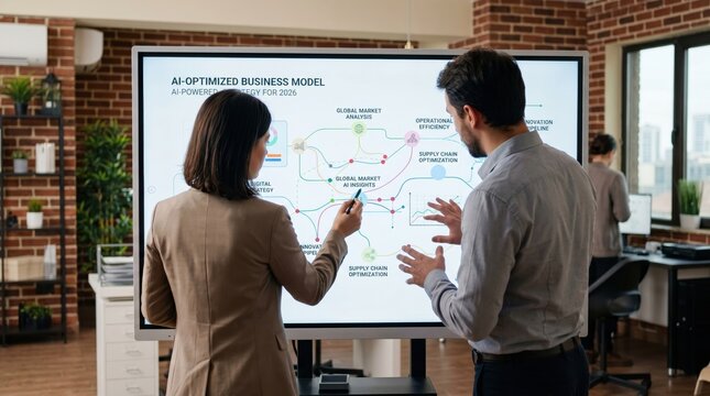 Colleagues discussing AI optimized business model strategy on interactive smart board display, corporate team planning global market analysis and supply chain optimization in mo...