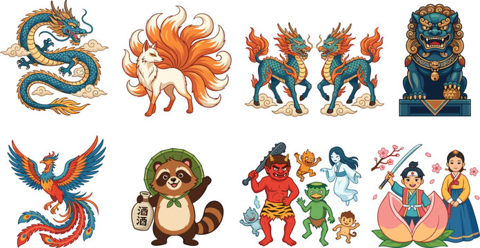 Traditional Japanese mythological creatures and folklore characters vector illustration set including dragon kitsune tanuki phoenix and yokai isolated on white